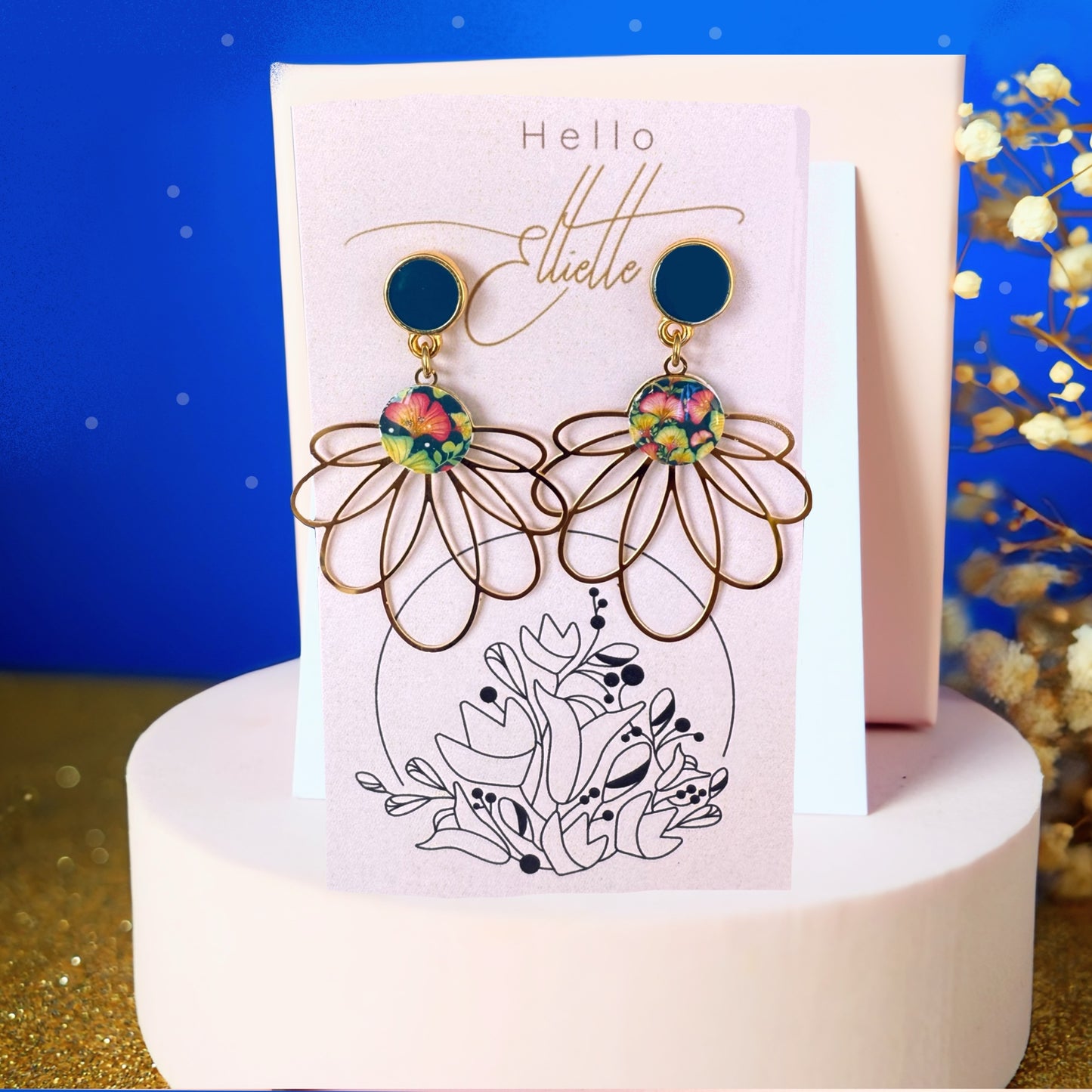 Boucles d’oreilles marguerite avec motif aquarelle