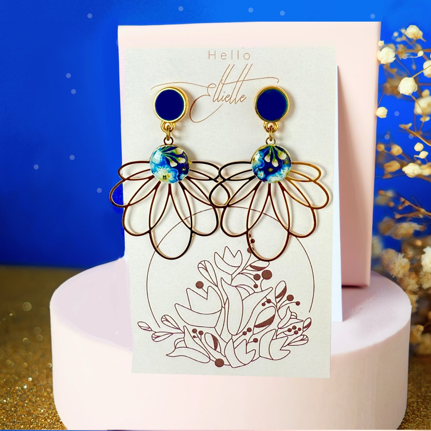 Boucles d’oreilles marguerite avec motif aquarelle