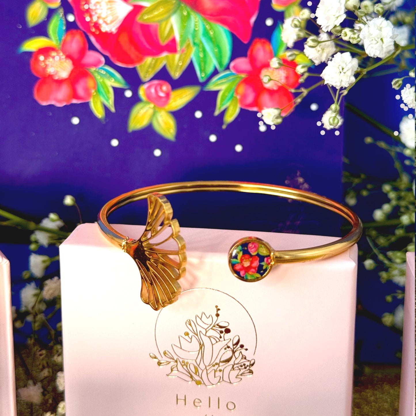 Bracelet Ginkgo en acier inoxydable doré - incrustation motif aquarelle personnalisable