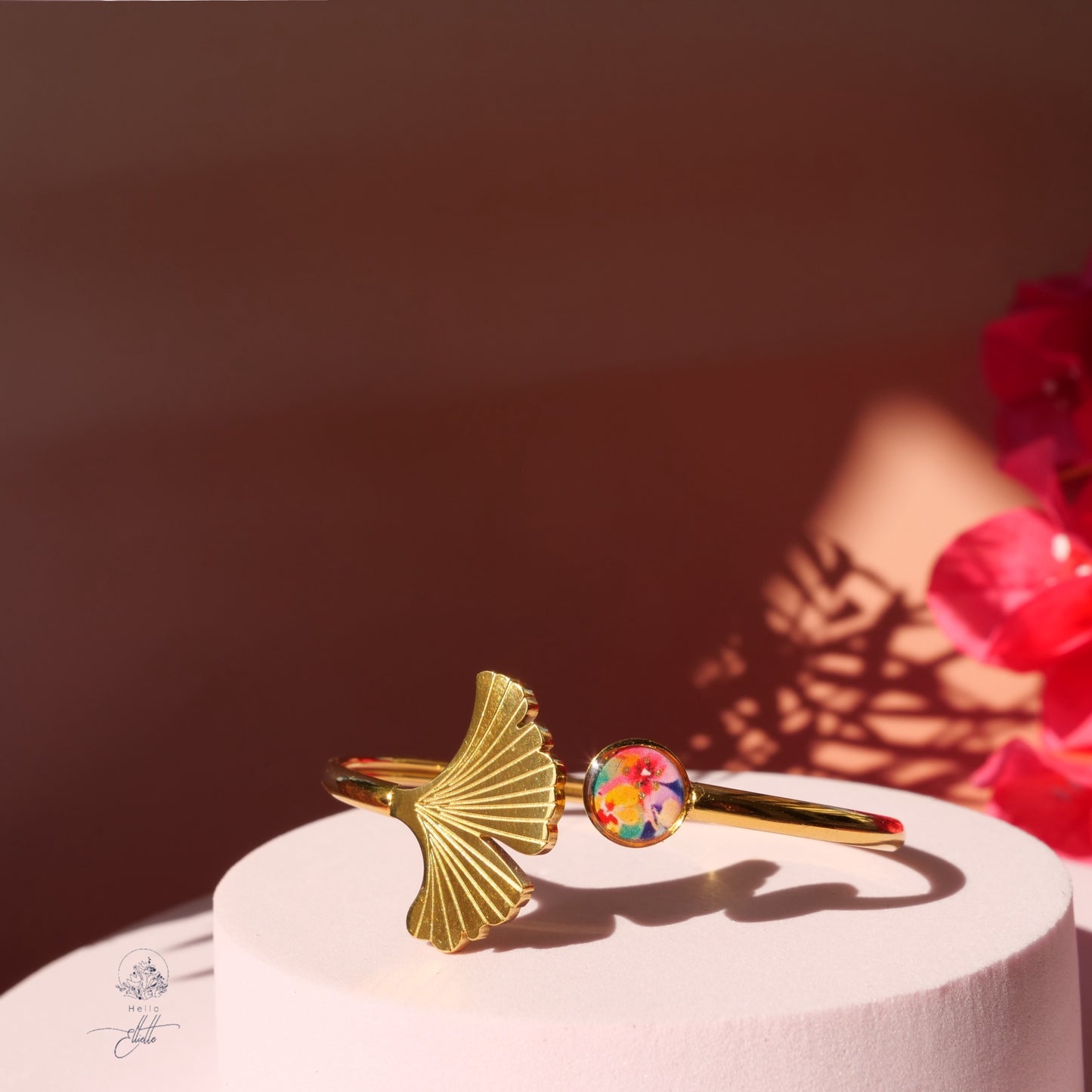 Bracelet Ginkgo en acier inoxydable doré - incrustation motif aquarelle personnalisable