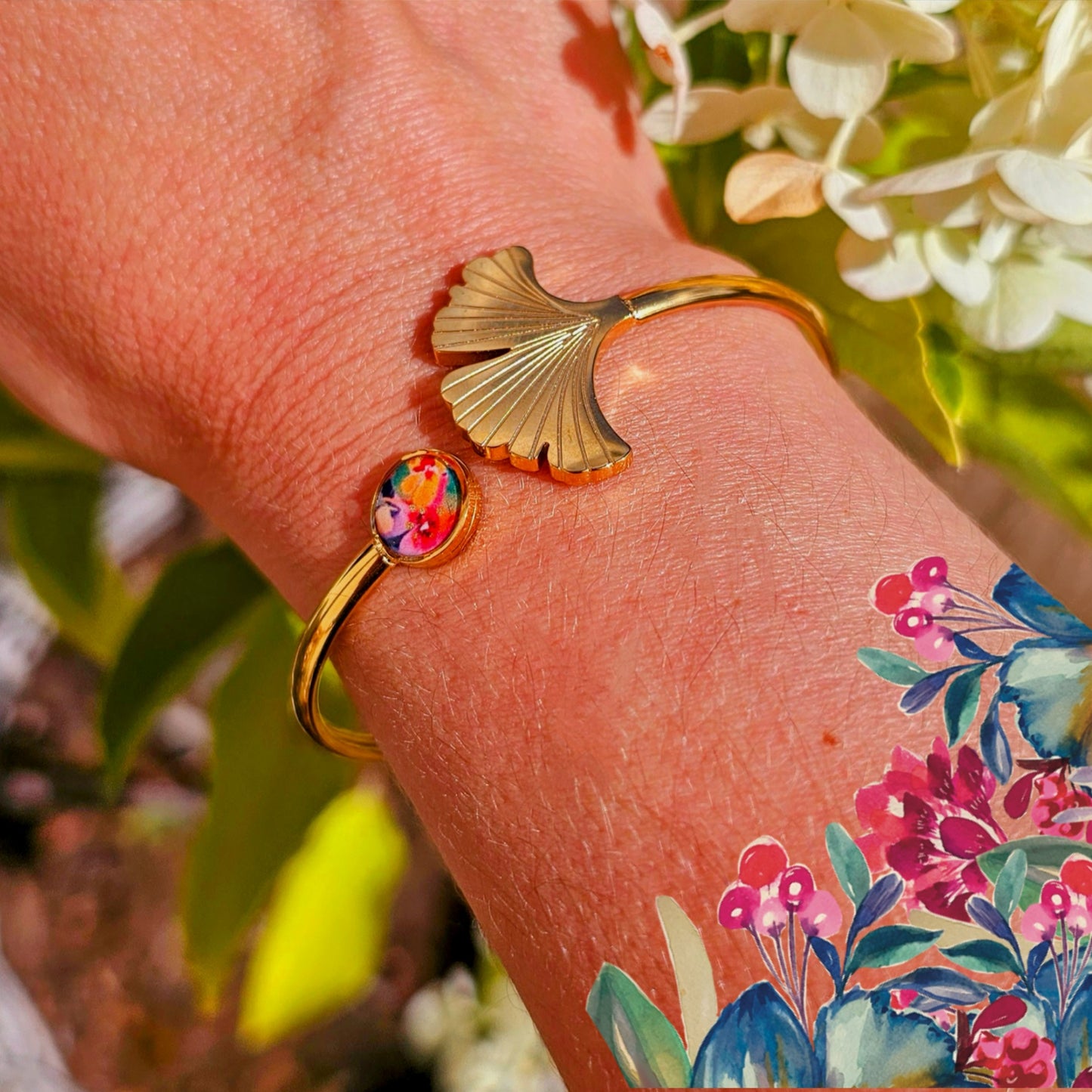 Bracelet Ginkgo en acier inoxydable doré - incrustation motif aquarelle personnalisable