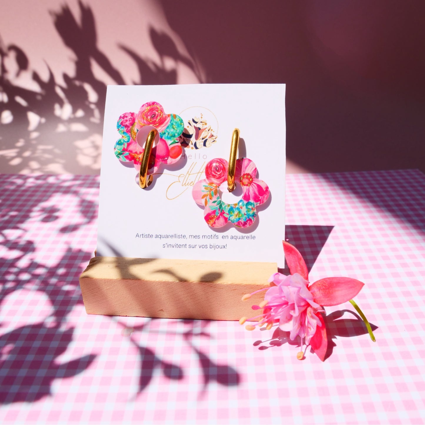 Créoles réversibles motif bouquet rose et vichy