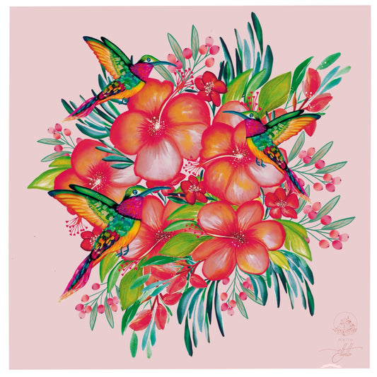 illustration aquarelle hibiscus et colibris